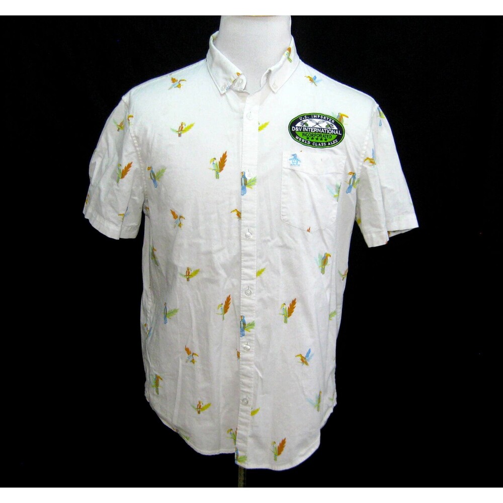 PENGUIN Mens (Size Large) White Toucan Hawaiian Short Sleeve Shirt Beer Tropical
